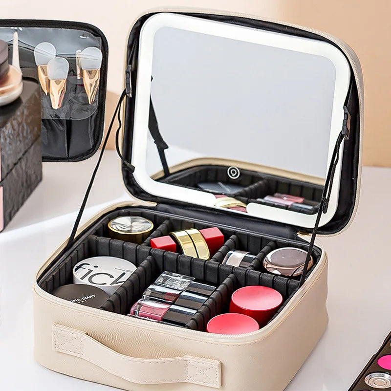 "Premium LED Travel Cosmetic Bag with Mirror – Large Capacity"