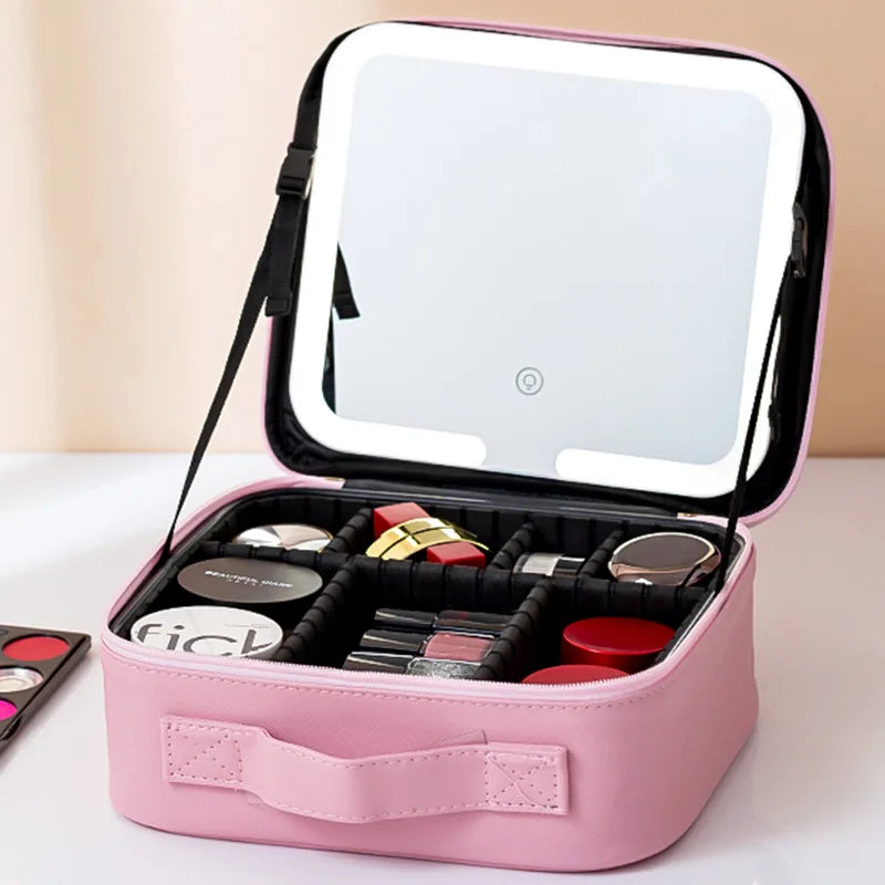 "Premium LED Travel Cosmetic Bag with Mirror – Large Capacity"