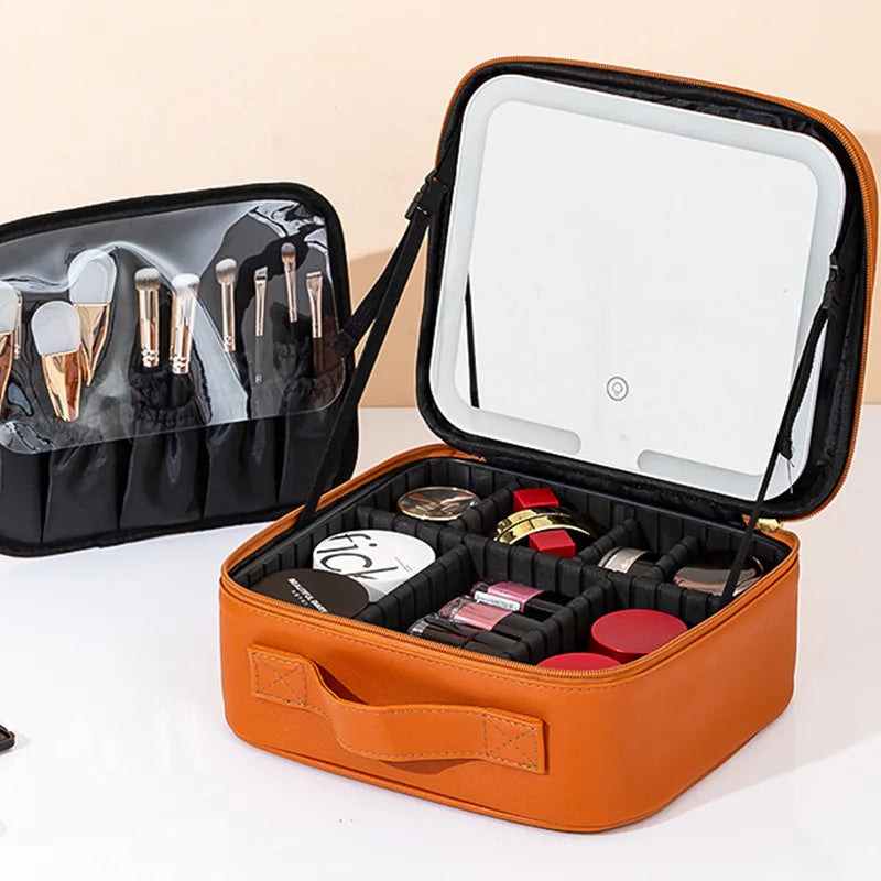 "Premium LED Travel Cosmetic Bag with Mirror – Large Capacity"