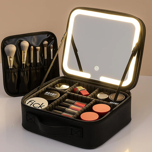 "Premium LED Travel Cosmetic Bag with Mirror – Large Capacity"